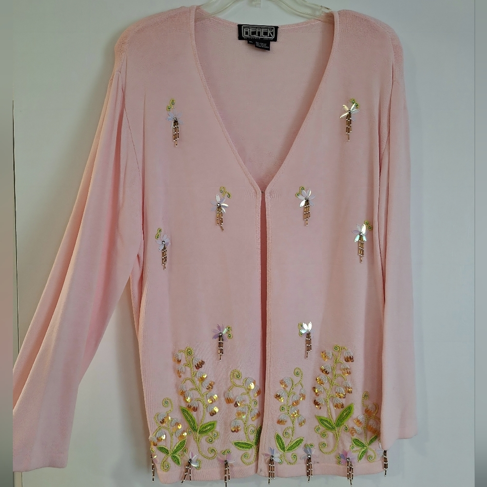 Vintage 90s Berek Pink Floral Beaded Cardigan | Size XL